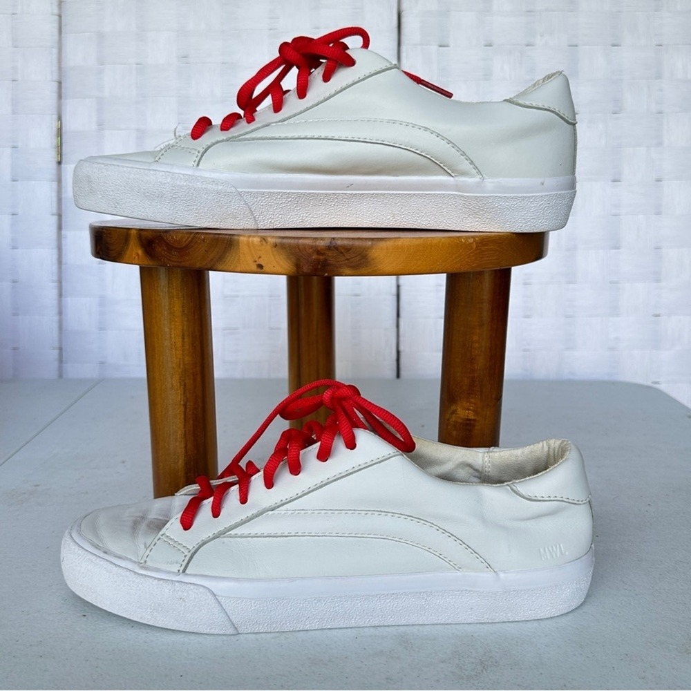 Madewell MWL Court Sneakers White Leather Red Laces Womens 9 Mens 7.5 L3243